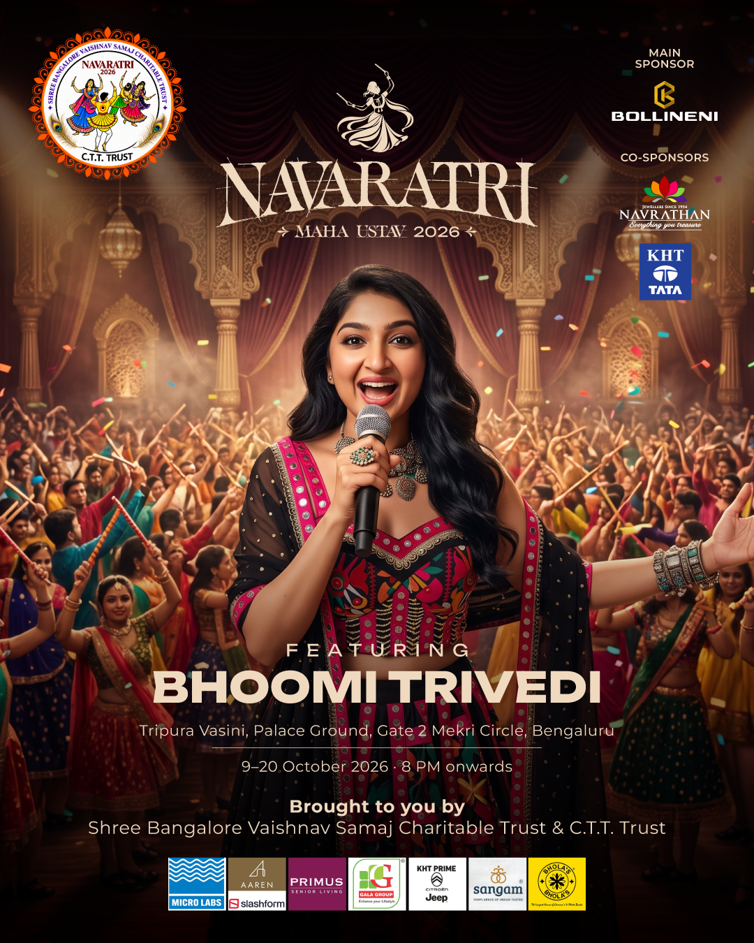 Navaratri Maha-Utsav 2026 opening night with Bhoomi Trivedi, 9 October, Palace Ground Bengaluru